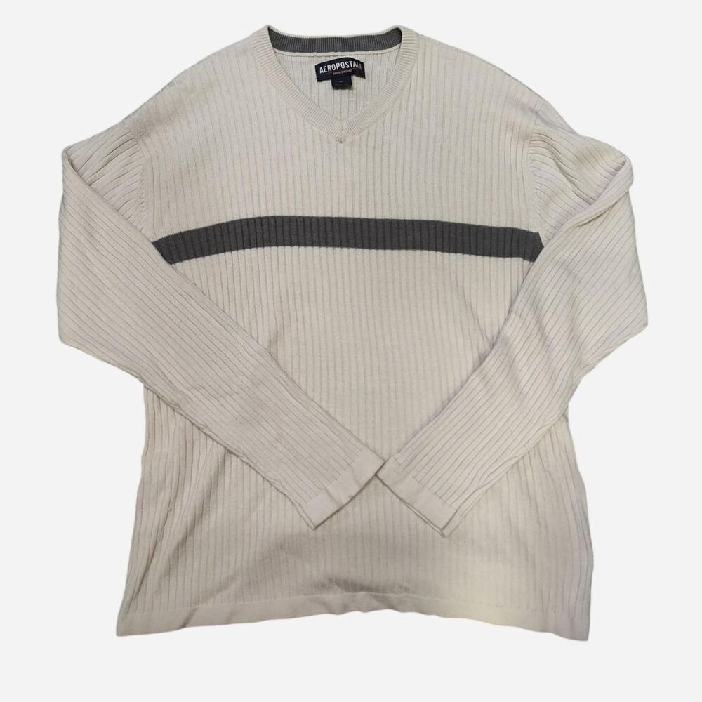 Y2K Aeropostale cream and grey striped long sleeve v-neck sweater size XL